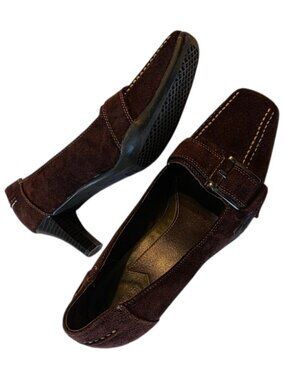 Aerology Heels Brown Suede Shoes Pumps Sz 9 Chunky Buckle Contrast Stitching 90s